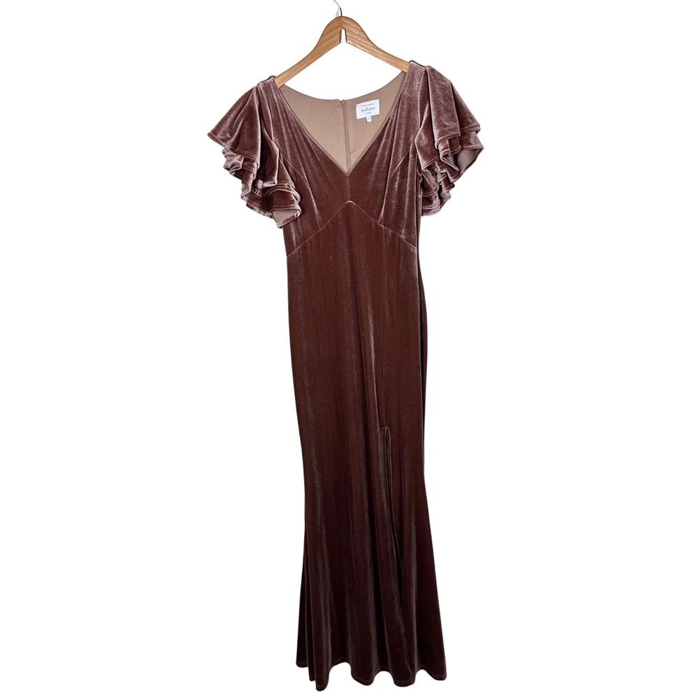 bohme Brown Velvet Flutter Sleeve Maxi Dress Size M Fall Wedding Holiday Party